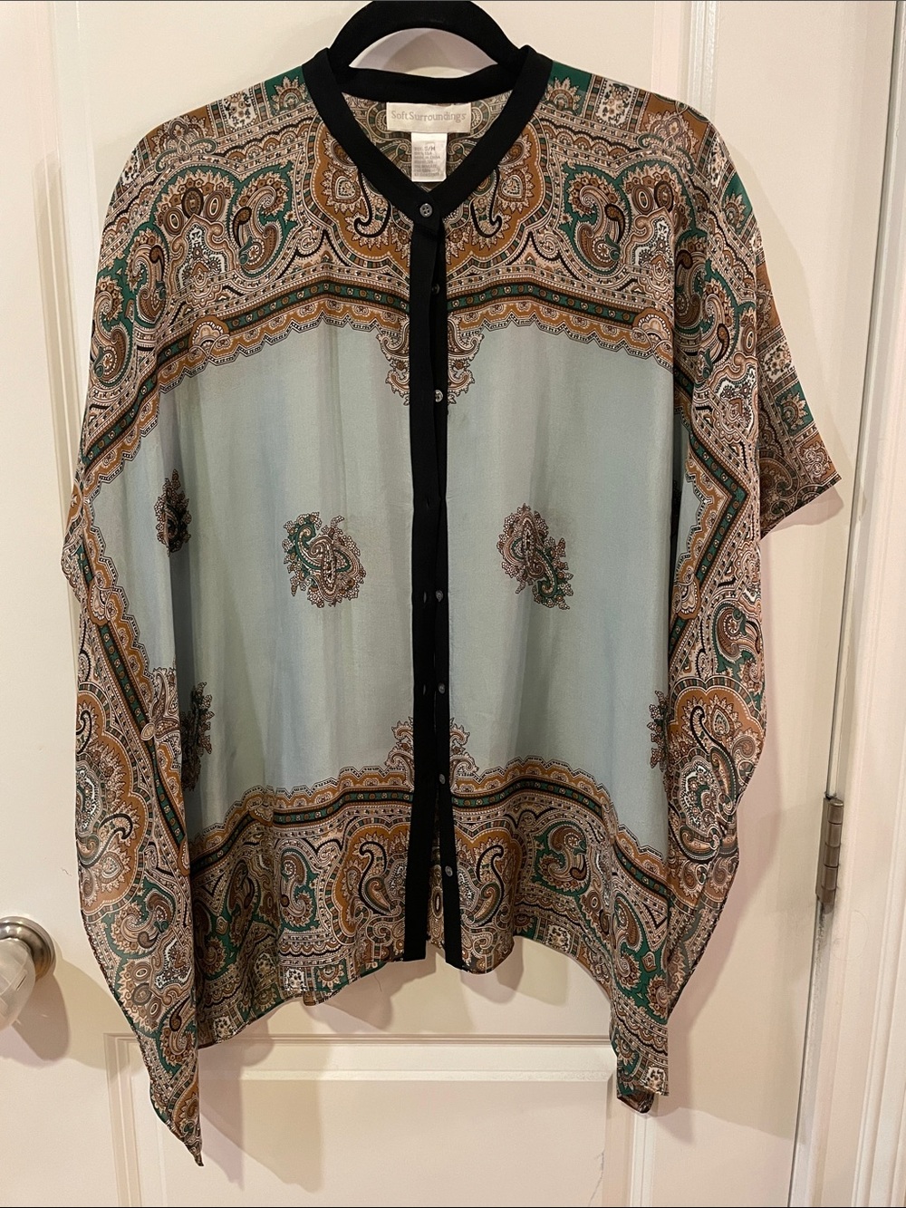 Soft Surroundings Paisley Tissue Silk Blouse in Light Teal, Green, Brown, S/M